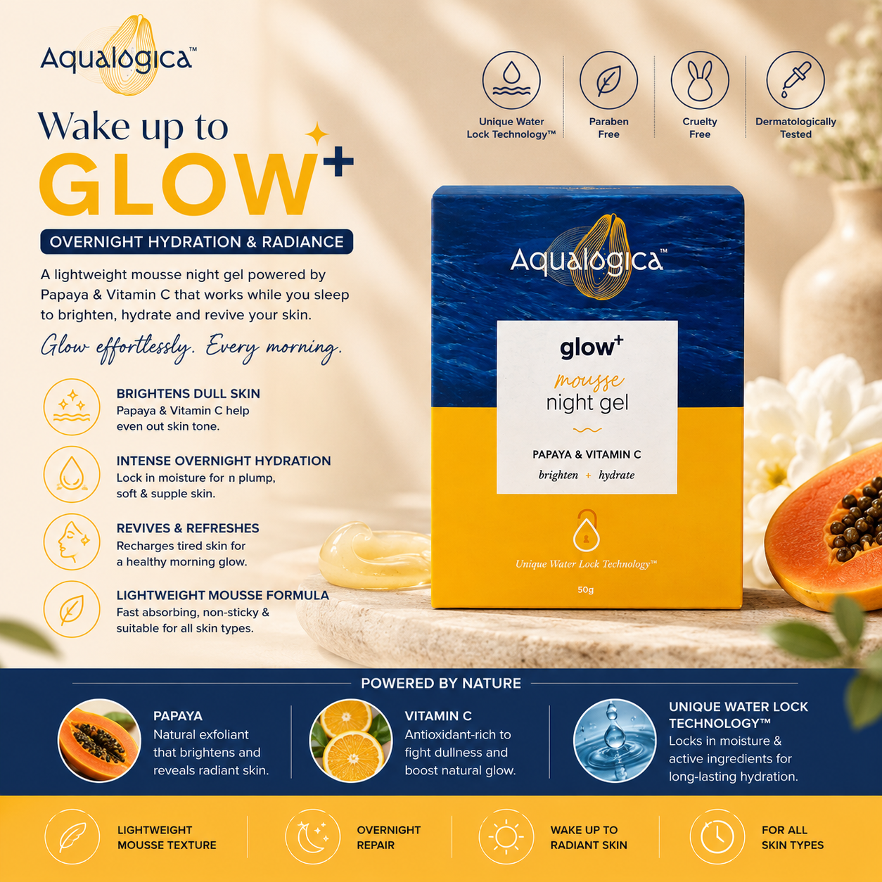 Aqualogica Glow+ Mousse Night Gel with Papaya & Vitamin C | Brightening & Hydrating Face Gel | Lightweight Overnight Moisturizer | 50g