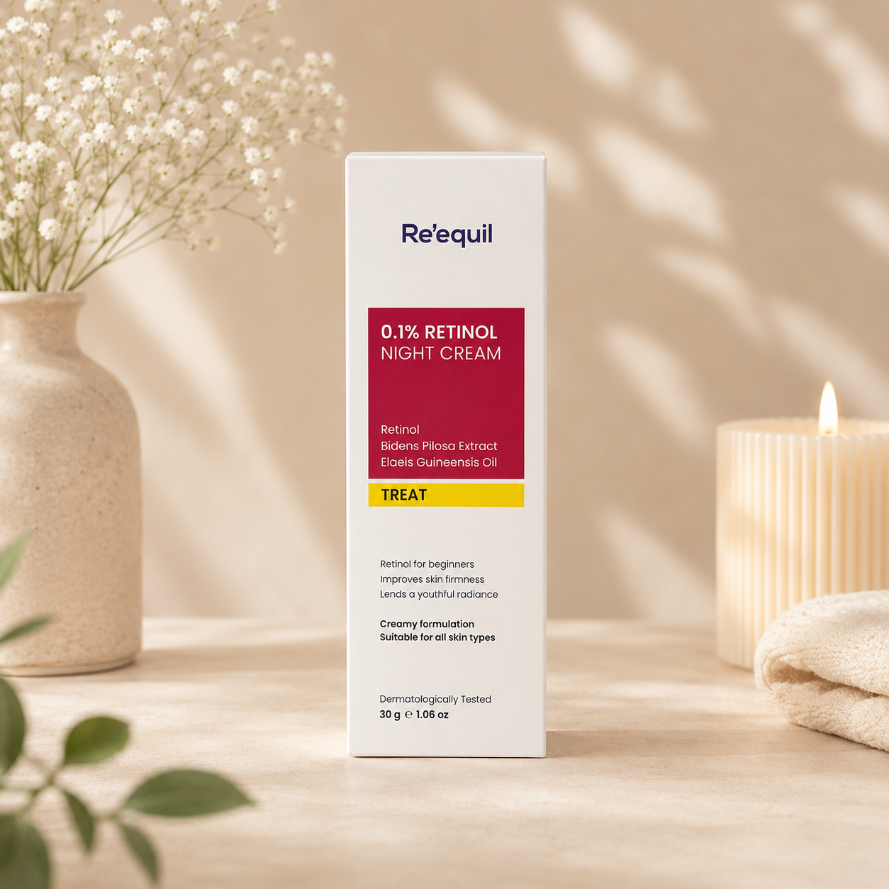 Re’equil 0.1% Retinol Night Cream for Beginners | Anti-Ageing & Skin Renewing Face Cream | Lightweight Retinol Cream | 30g