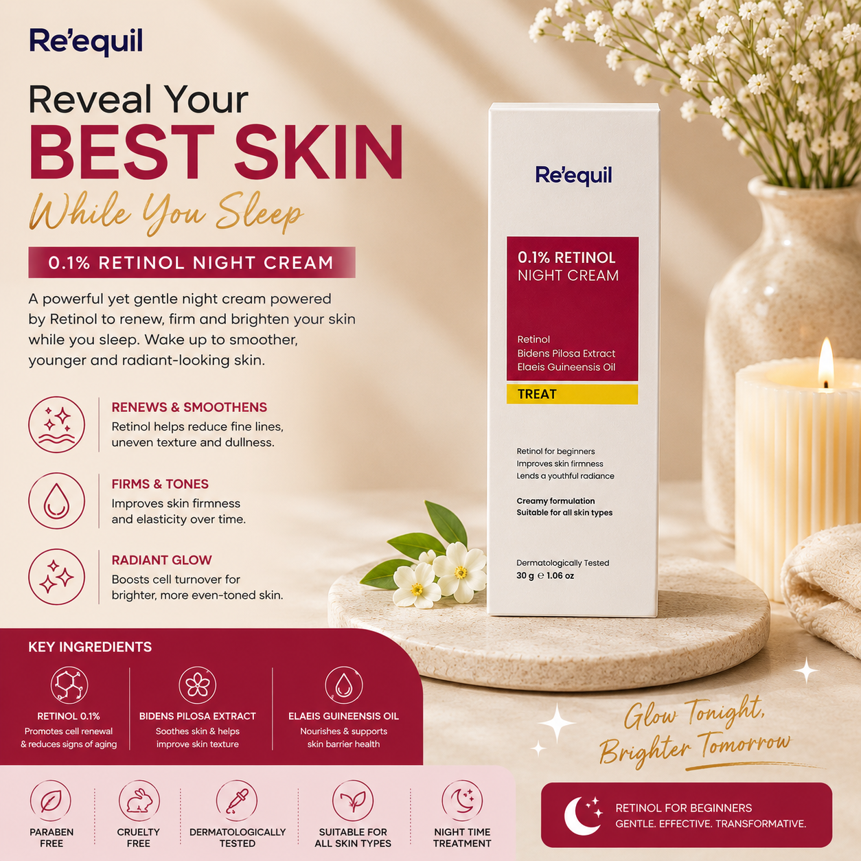 Re’equil 0.1% Retinol Night Cream for Beginners | Anti-Ageing & Skin Renewing Face Cream | Lightweight Retinol Cream | 30g