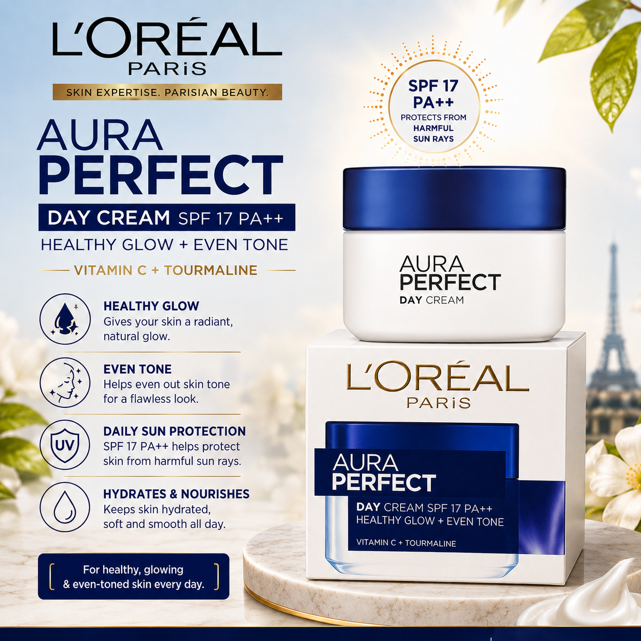 L'Oréal Paris Aura Perfect Day Cream SPF 17 PA++ with Vitamin C & Tourmaline | Healthy Glow & Even Tone Face Cream | Daily Moisturizer for Radiant Skin