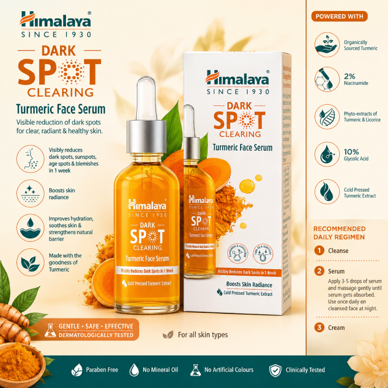 Himalaya Dark Spot Clearing Turmeric Face Serum with 2% Niacinamide & 10% Glycolic Acid | Boosts Skin Radiance | Reduces Dark Spots & Blemishes | 30ml Skin Care