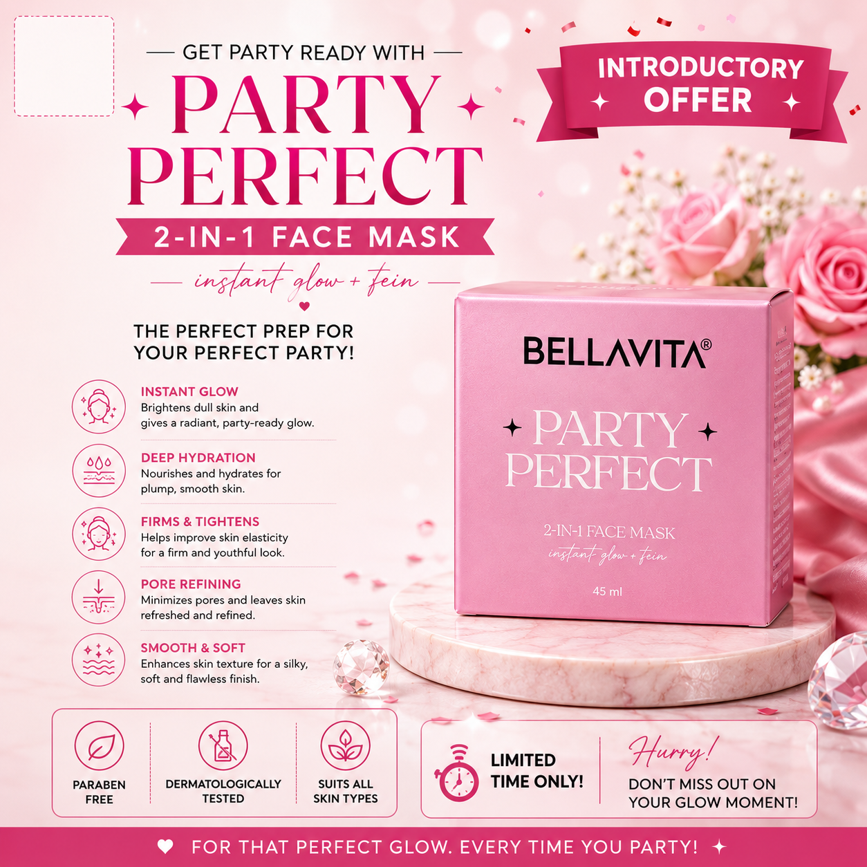 Bellavita Party Perfect 2-in-1 Face Mask for Instant Glow & Smooth Skin – 45ml