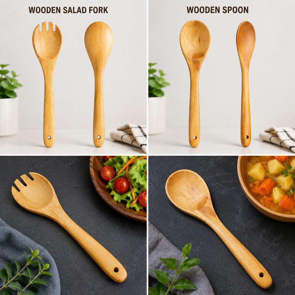 Wooden Salad Fork & Spoon Set | Natural Wooden Serving Utensils | Eco-Friendly Kitchen Tools