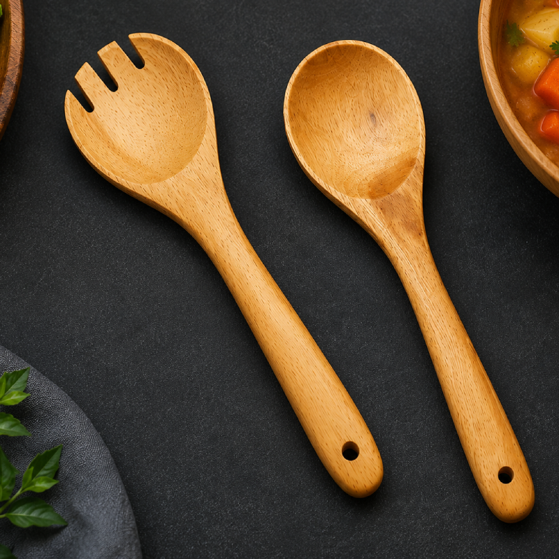Wooden Salad Fork & Spoon Set | Natural Wooden Serving Utensils | Eco-Friendly Kitchen Tools