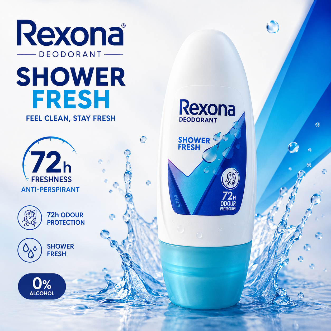 Rexona Shower Fresh Deodorant Roll-On | 72h Odour Protection | 0% Alcohol | Pack of 3