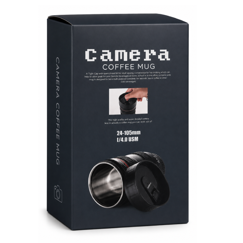 Camera Lens Coffee Mug with Lid | Stainless Steel Travel Coffee Cup | DSLR Lens Mug | 24-105mm Design