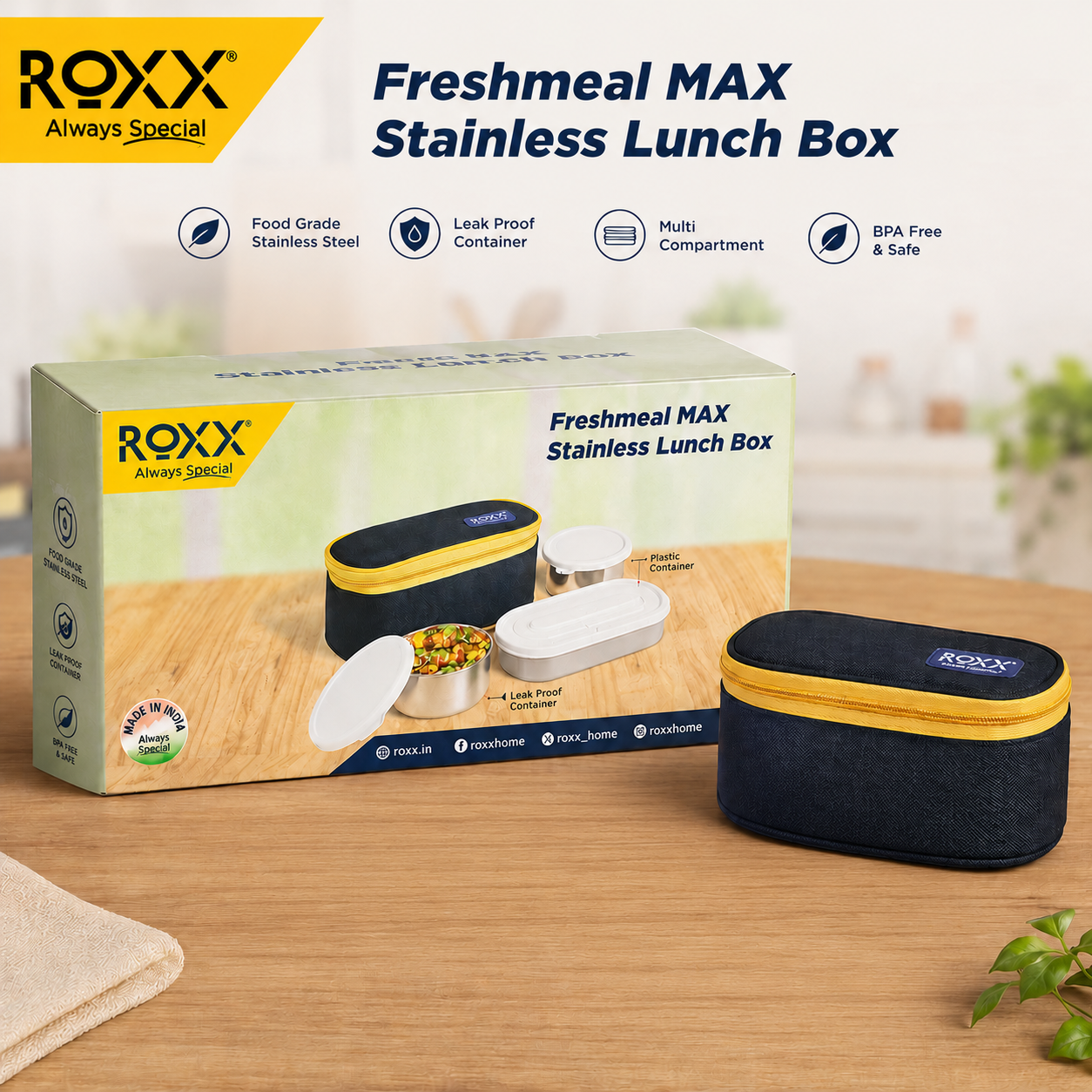 ROXX Freshmeal MAX Stainless Steel Lunch Box Set with Insulated Bag | 2 x 350ml Steel Containers + 1 x 500ml Leak-Proof Container | BPA-Free Tiffin Box for Office, School & Travel