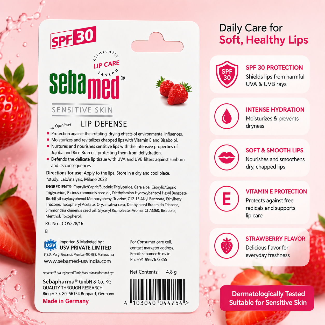 Sebamed Lip Defense Strawberry SPF 30 | Lip Balm for Dry & Chapped Lips | Vitamin E | 4.8g
