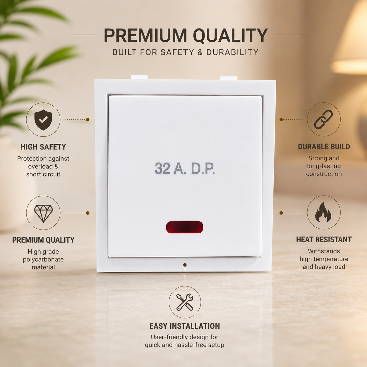 32A DP Switch with Indicator | 32 Amp Double Pole Modular Switch | White Electrical Switch