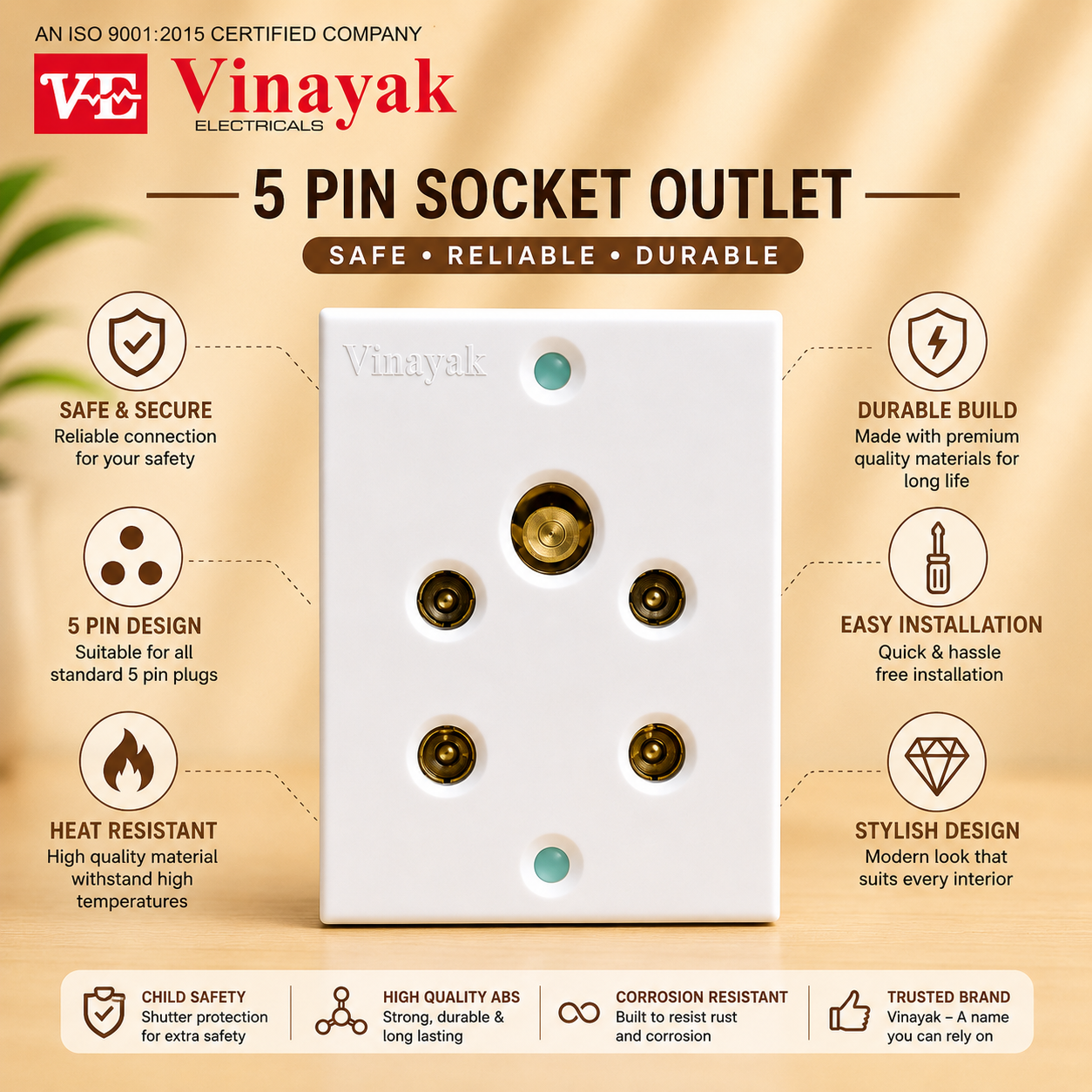 Vinayak 2 in 1 5 Pin Old Style with Screw Socket Outlet | 6 AMP | Heavy Duty 3 Pin Socket | White Electrical Socket