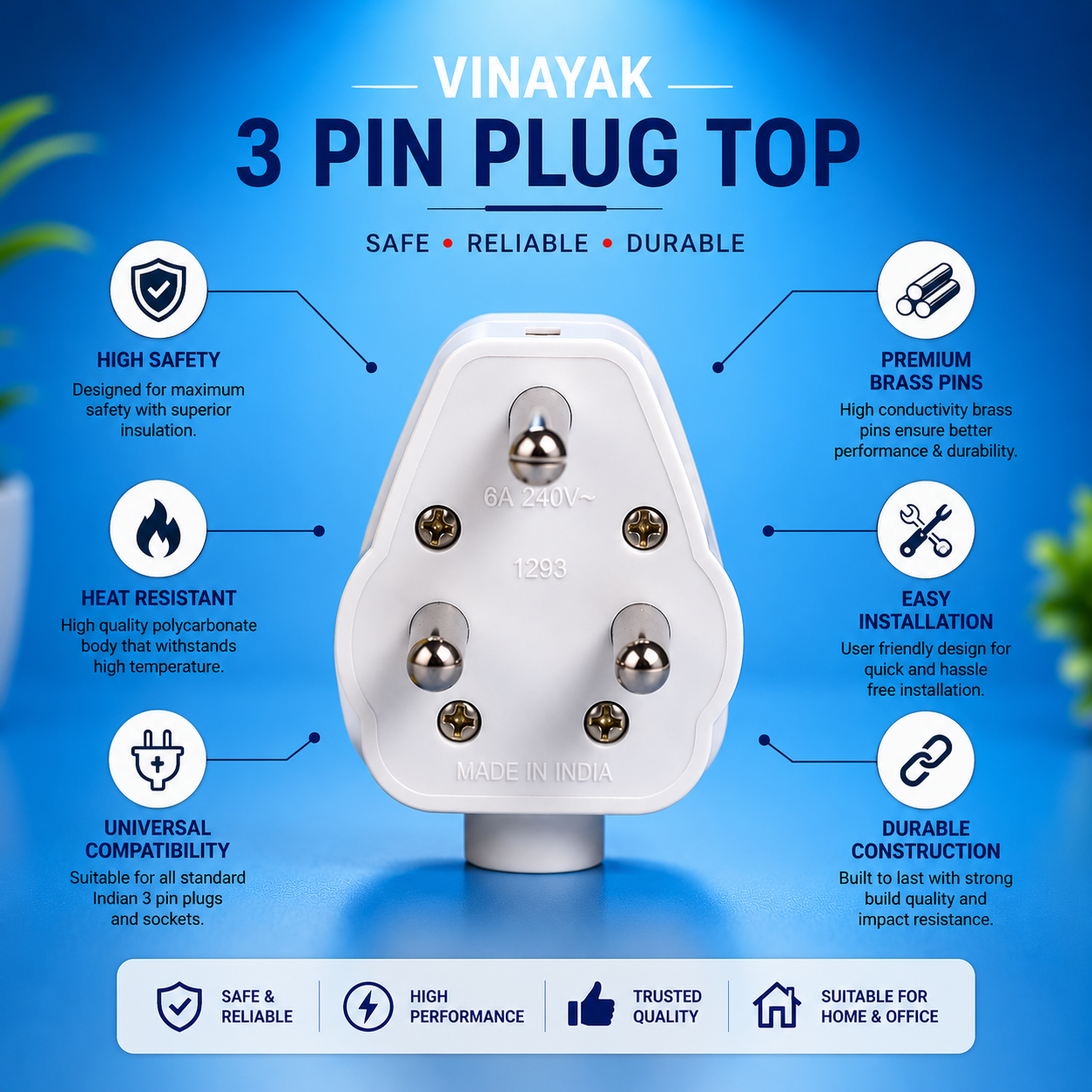 Vinayak 6A 3 Pin Plug Top | Heavy Duty Electrical Plug | Polycarbonate 240V Plug