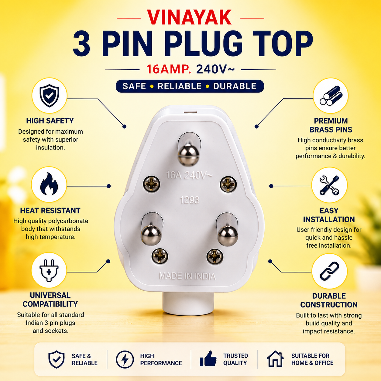 Vinayak 16A 3 Pin Plug Top | Heavy Duty 240V Electrical Plug | Unbreakable Polycarbonate Plug