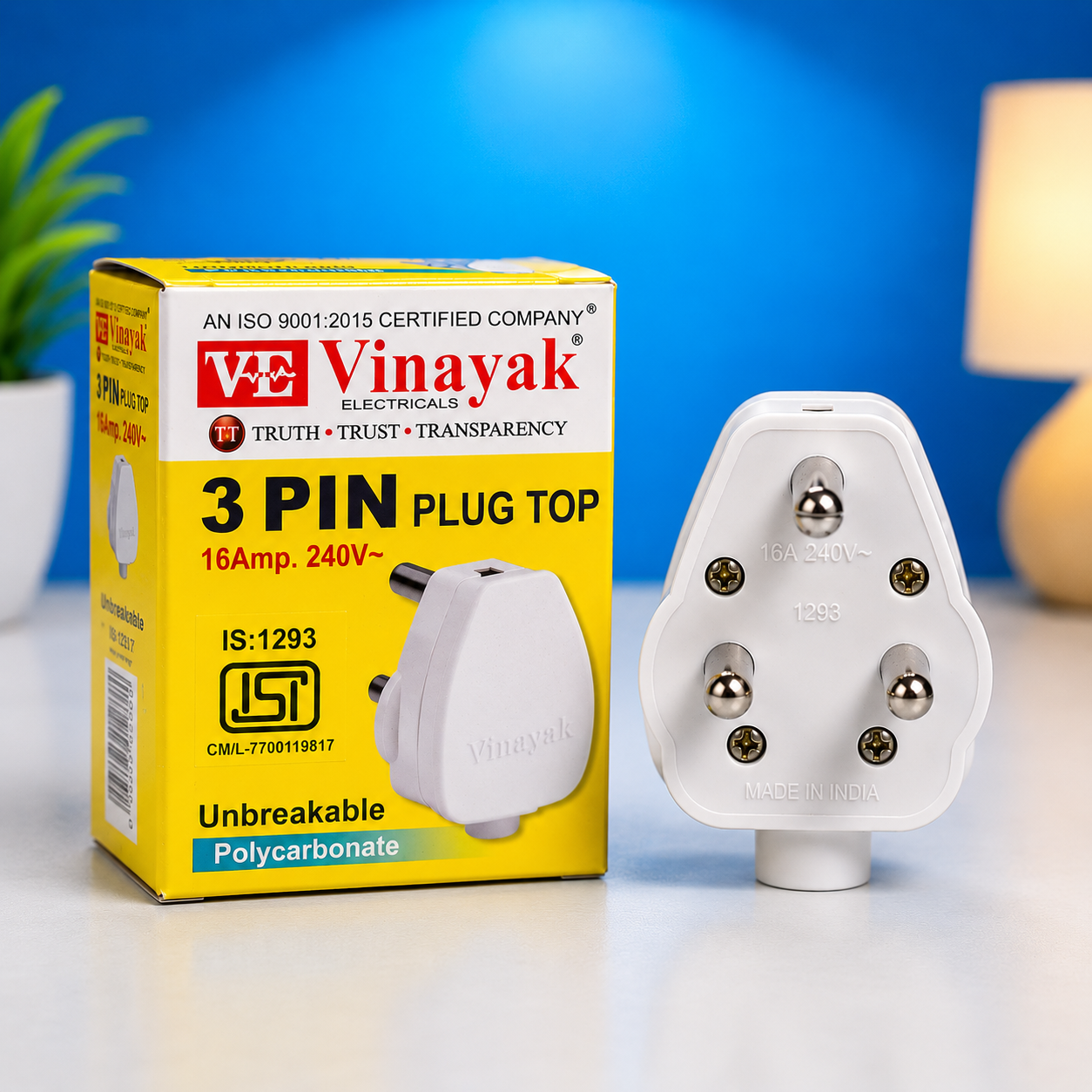 Vinayak 16A 3 Pin Plug Top | Heavy Duty 240V Electrical Plug | Unbreakable Polycarbonate Plug