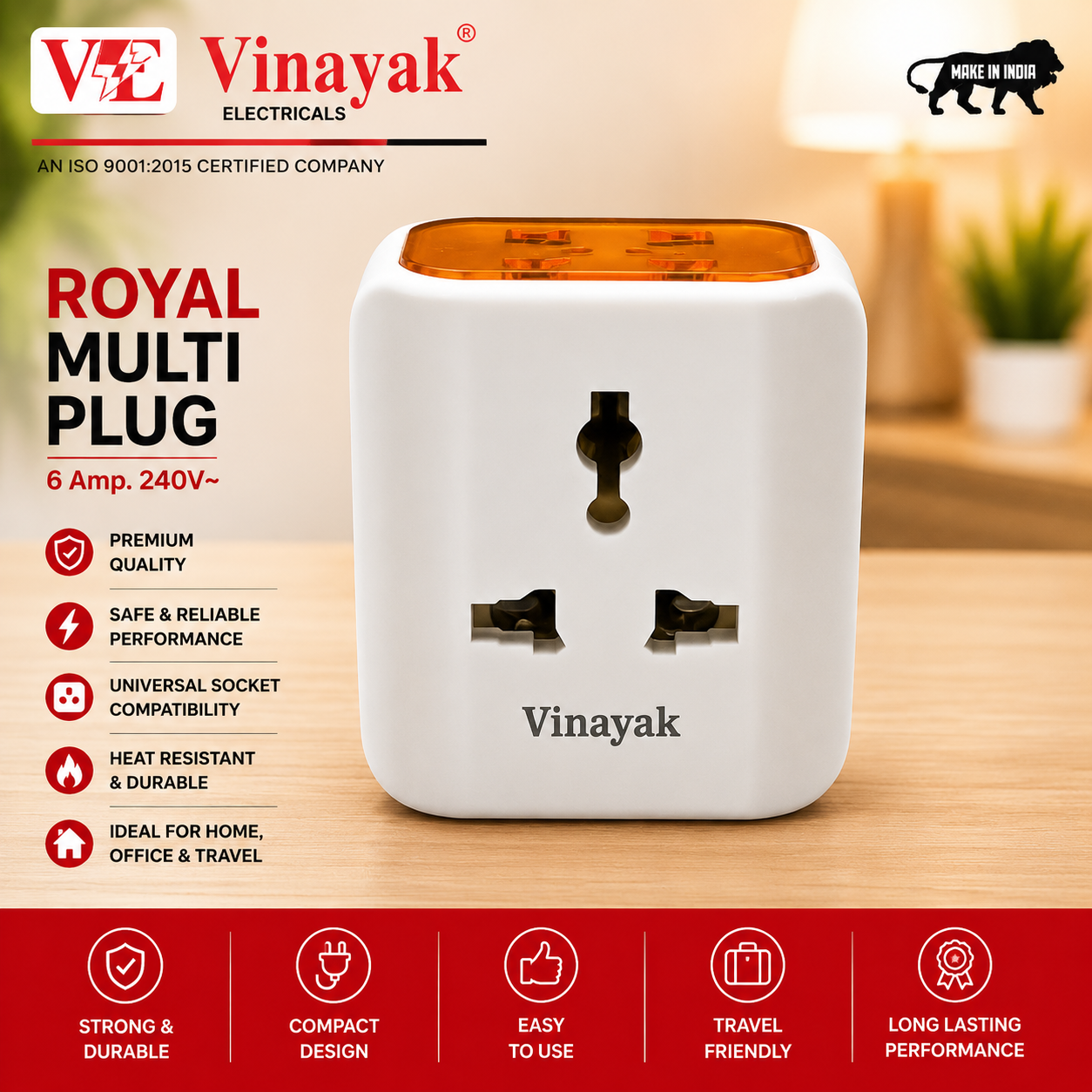 Vinayak Royal Multiplug 6A 240V Universal Socket Adapter | 3-in-1 Multi Plug Outlet | Compact & Durable Power Adapter for Home, Office & Travel
