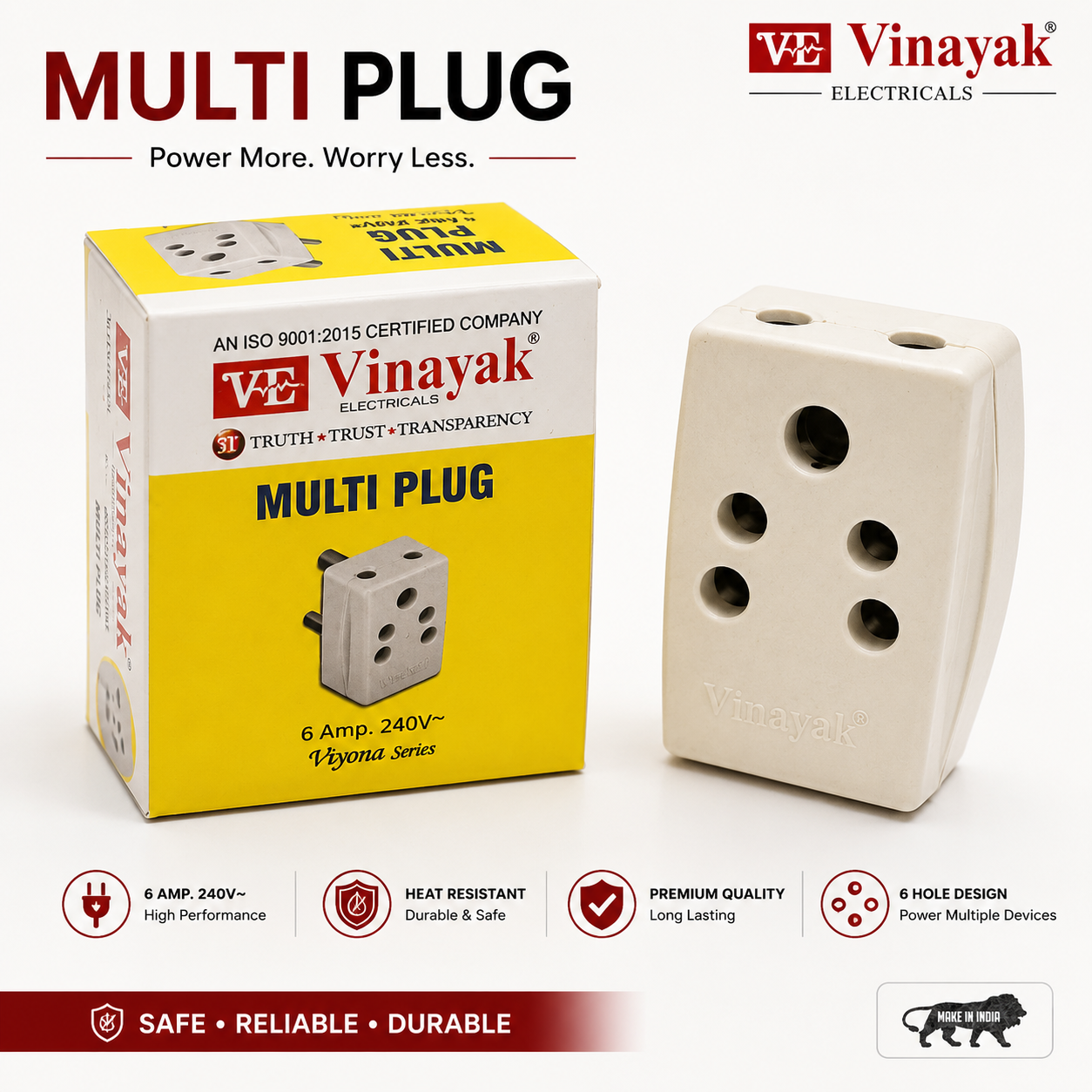 Vinayak Multiplug 6A 240V Universal Socket Adapter | 3-in-1 Multi Plug Outlet | Compact & Durable Power Adapter for Home, Office & Travel
