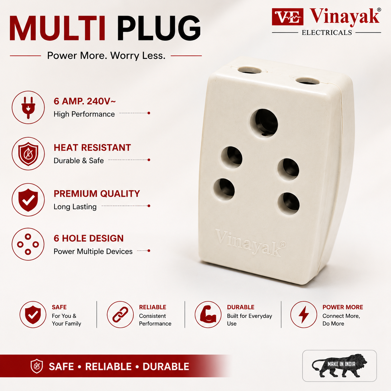 Vinayak Multiplug 6A 240V Universal Socket Adapter | 3-in-1 Multi Plug Outlet | Compact & Durable Power Adapter for Home, Office & Travel