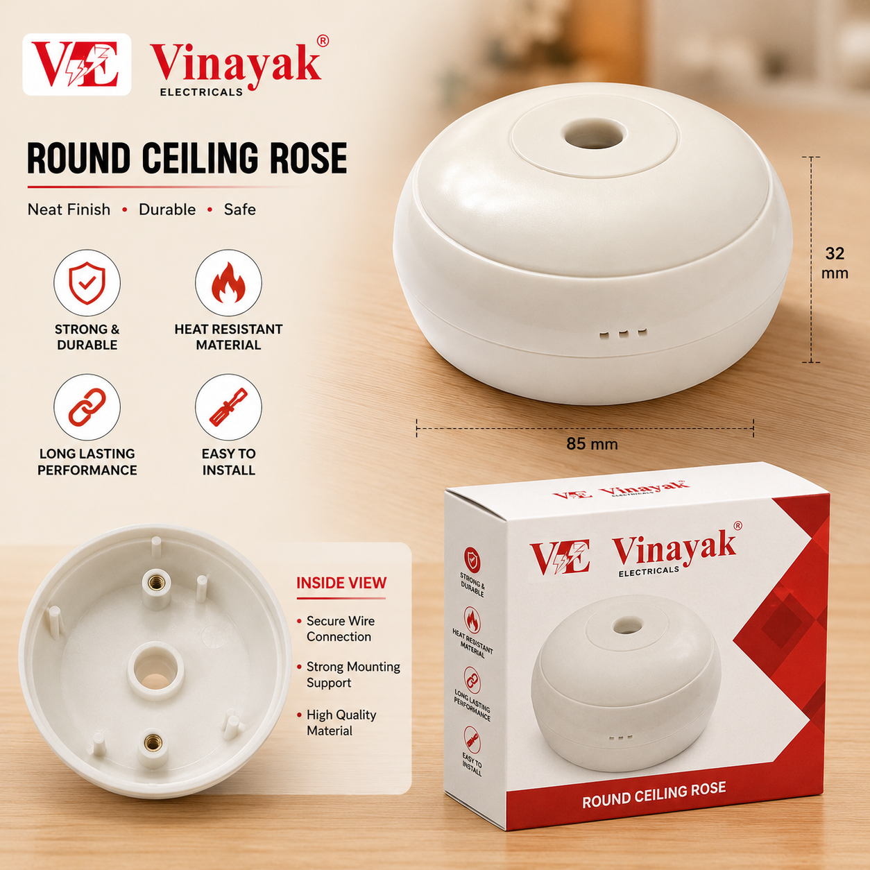 Vinayak Round Ceiling Rose | Premium Plastic Ceiling Wire Cover | Surface Mount Electrical Ceiling Cap for Home & Office