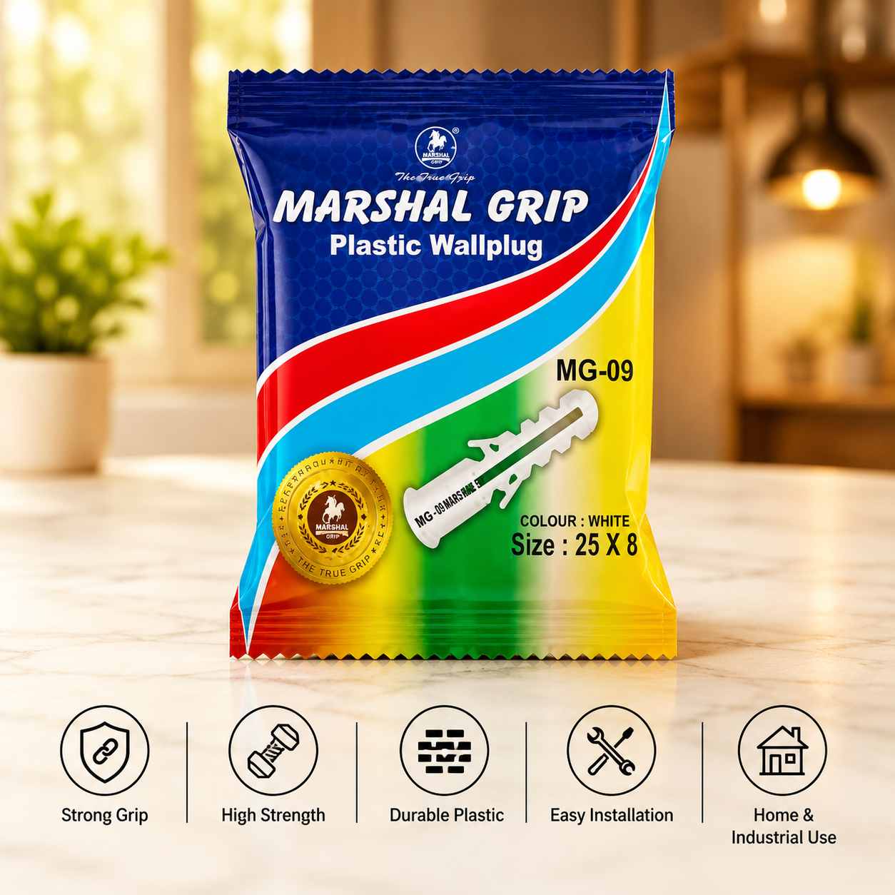 Marshal Grip Plastic Wall Plug MG-09 | 25 × 8 mm PVC Wall Anchor | Heavy Duty Wall Plug | White