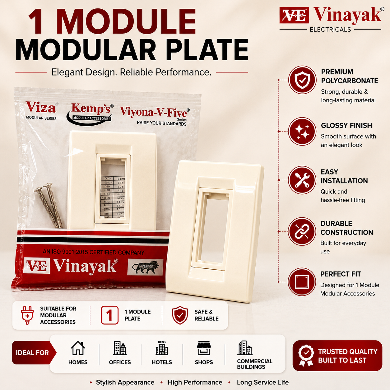 Vinayak 1 Module Modular Plate | Premium Polycarbonate Wall Plate | Viyona V-Five Series