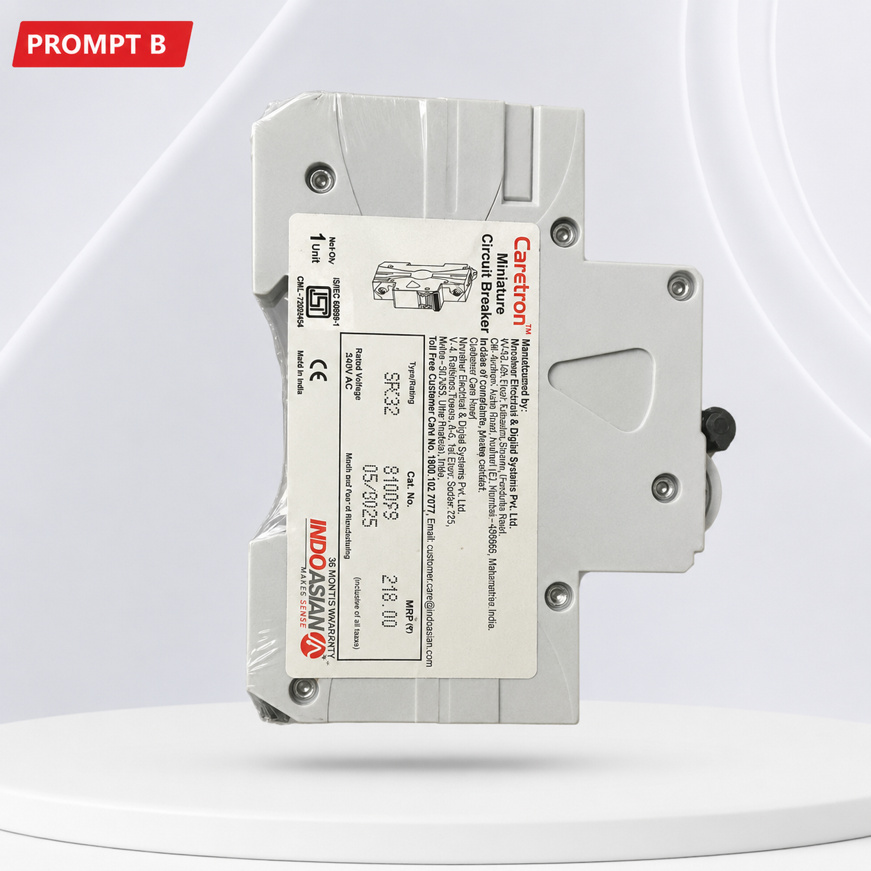 IndoAsian Caretron C32 32A Single Pole Miniature Circuit Breaker (MCB) | 6kA Breaking Capacity | C Curve | DIN Rail Mount | 240/415V AC