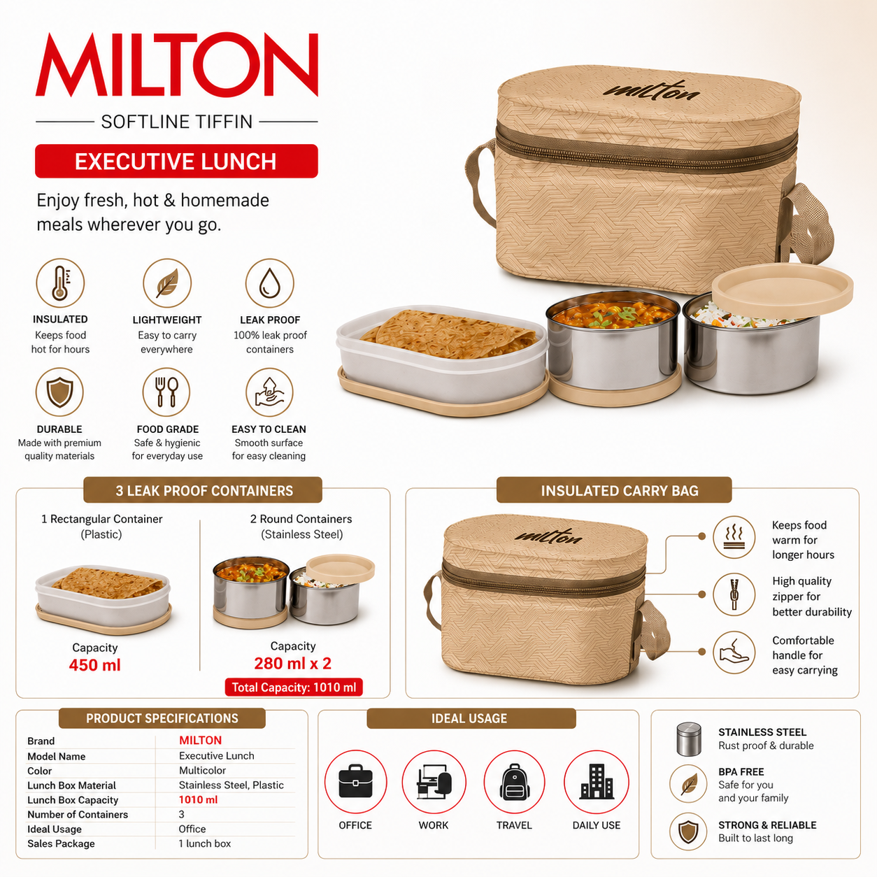 MILTON Executive Lunch Box | 1010 ml Insulated Tiffin Box | 3 Stainless Steel Containers With Bag | Leak-Proof | Office Lunch Box