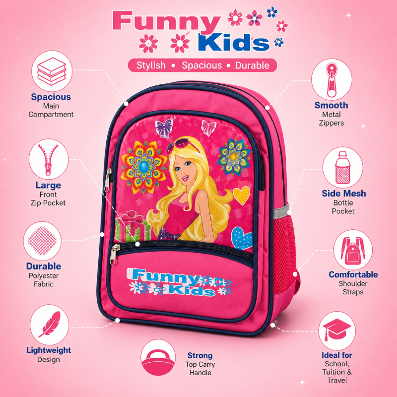 Funny Kids Barbie School Backpack for Girls | Lightweight Kids School Bag with Front Zip Pocket & Side Bottle Pocket | Pink