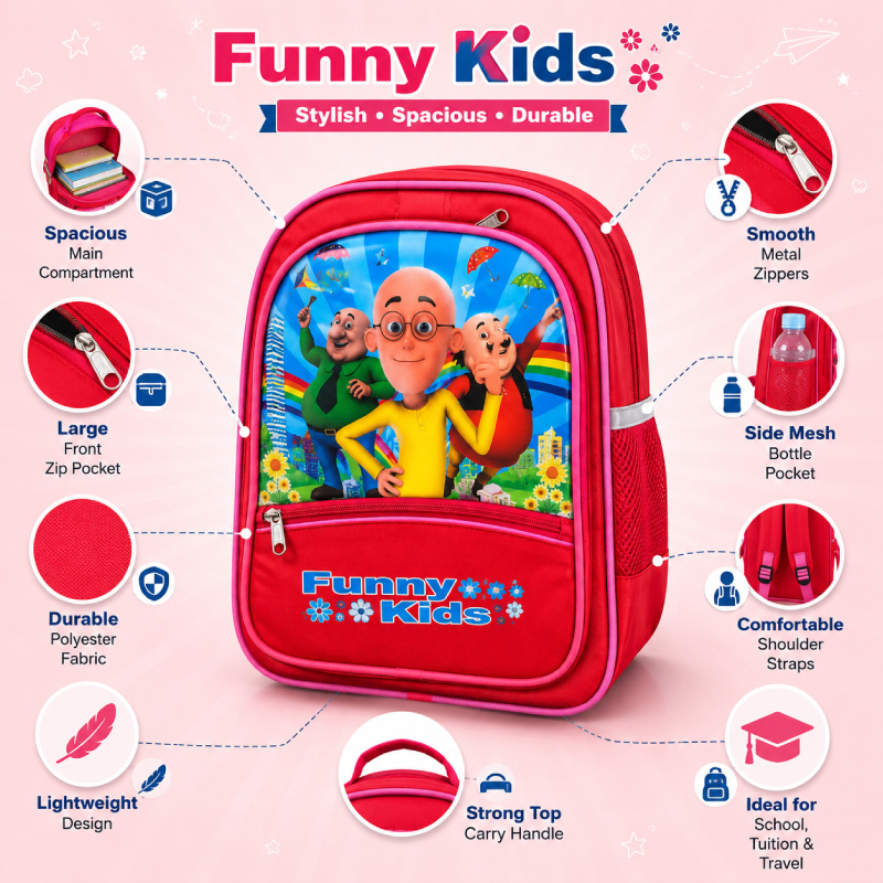 Funny Kids Cartoon School Backpack for Kids | 14 L | Lightweight School Bag with Front Pocket & Side Mesh Bottle Holder | Red
