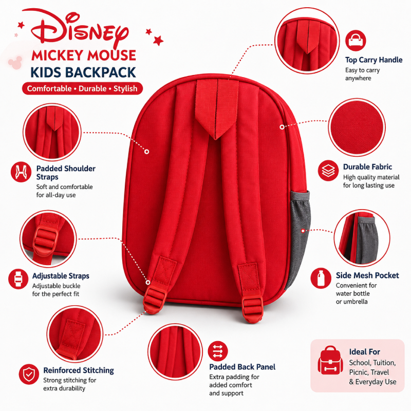 Disney Mickey Mouse Kids School Backpack | Lightweight Red School Bag with Front Zip Pocket & Side Bottle Pocket