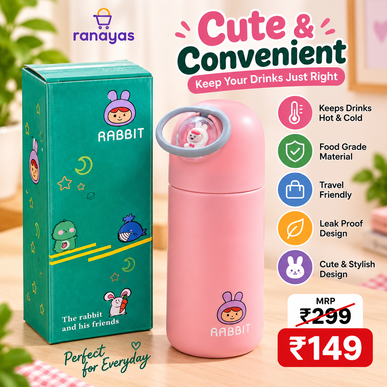 Cute Rabbit Water Bottle for Kids | Pink Reusable Water Bottle with Handle | Stylish & Portable Bottle