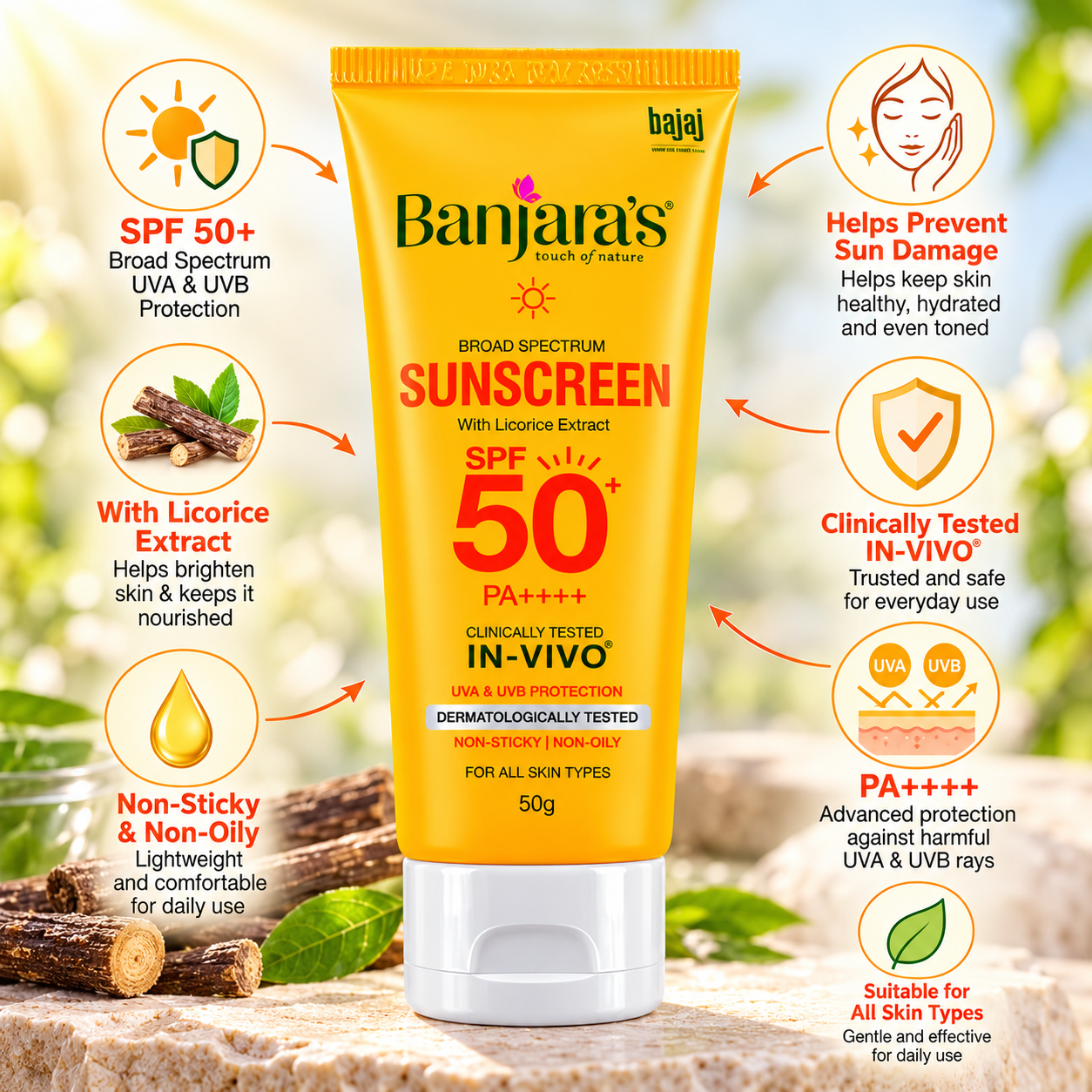 Banjara’s Sunscreen SPF 50+ PA++++ with Licorice Extract, Broad Spectrum UVA & UVB Protection, 50g