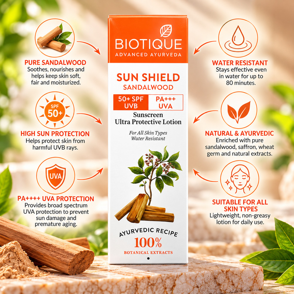 Biotique Sun Shield Sandalwood Sunscreen SPF 50+ PA+++ UVA Protection, Ultra Protective Water-Resistant Lotion for All Skin Types | 120 ml