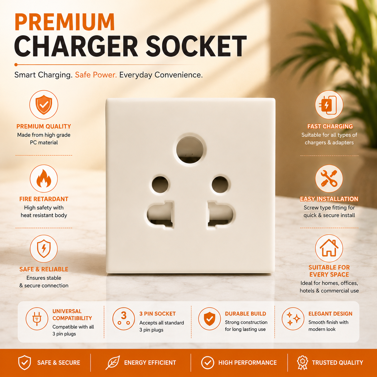 Vinayak 6A/10A 3 Pin Modular Charger Socket | Universal Electrical Wall Socket | White Modular Socket Outlet