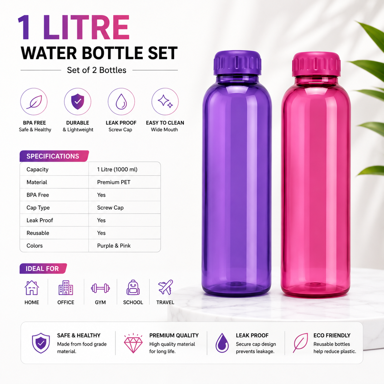 1 Litre Water Bottle Set of 2 | BPA Free Plastic Water Bottles | Leak Proof Reusable Bottle for Home, Office, School & Gym | Purple & Pink