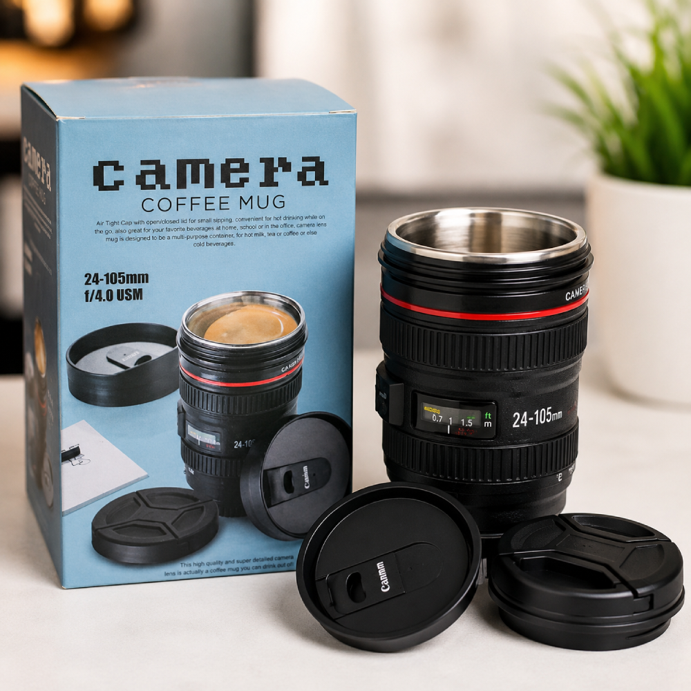 Camera Lens Coffee Mug with Lid | Stainless Steel Travel Coffee Cup | DSLR Lens Mug | 24-105mm Design
