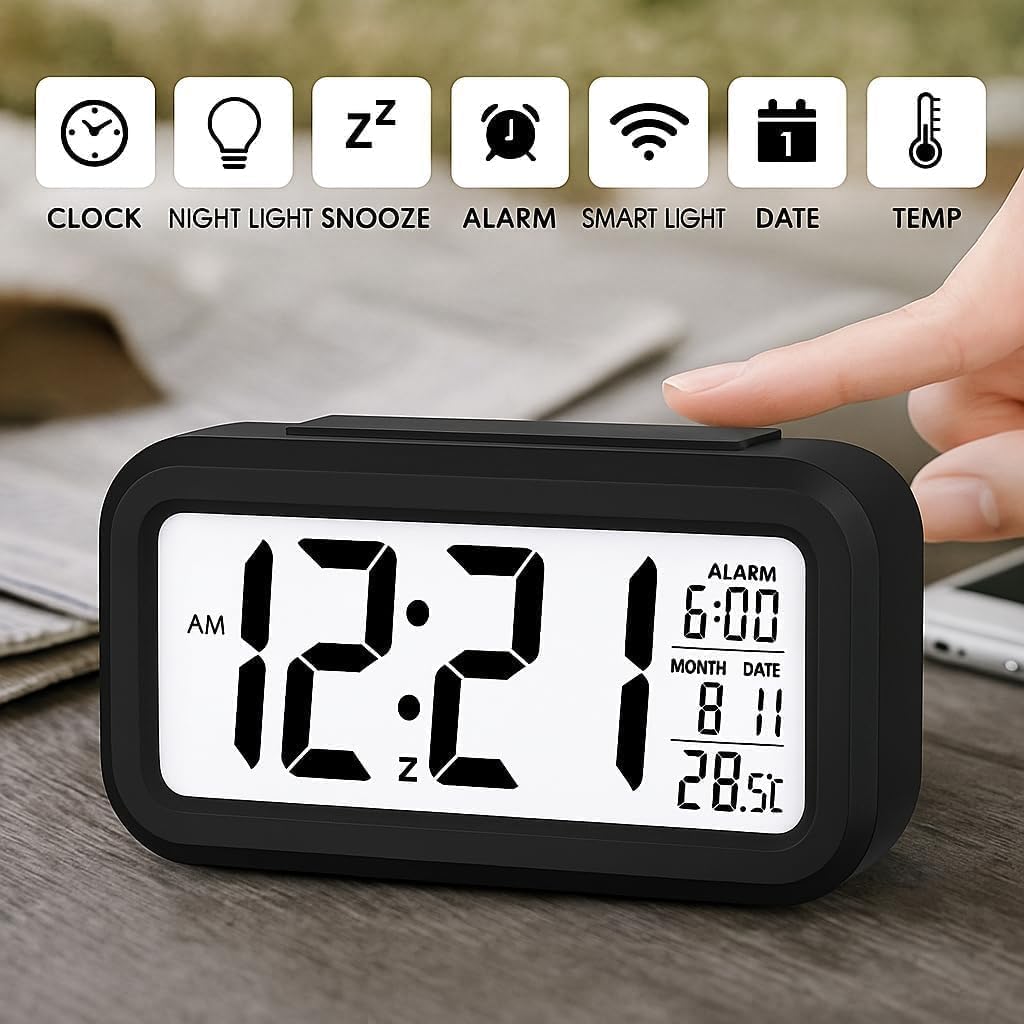 Digital Alarm Clock with Automatic Sensor, Date & Temperature Display, Compact LED Desk Table Clock for Students, Bedroom, Office, Living Room, Home Decor