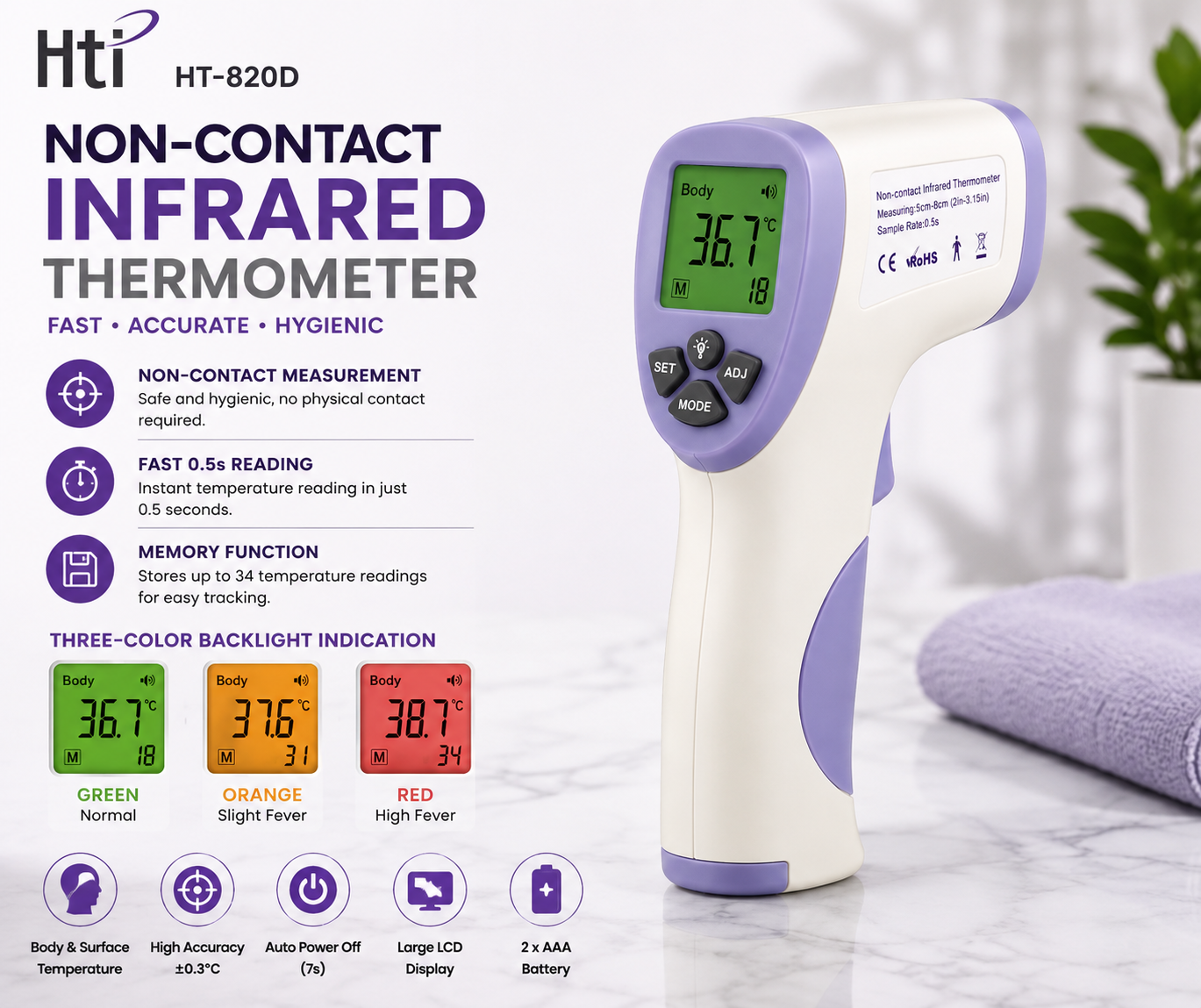 HTi HT-820D Non-Contact Infrared Body Thermometer | Digital Laser Temperature Gun | Fever Detection | LCD Display | Instant Reading