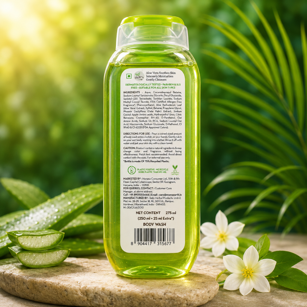 Mamaearth Aloe Vera Moisturizing Body Wash with Aloe Vera & Calming Jasmine | 275ml (250ml + 25ml Extra) | Back View | Paraben & SLS Free