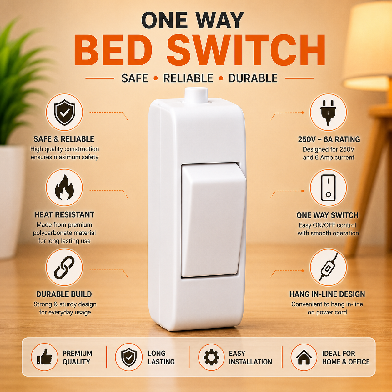 Reon Hanging Bed Switch | 6A 1 Way Bedside Switch | White Electrical Switch Module