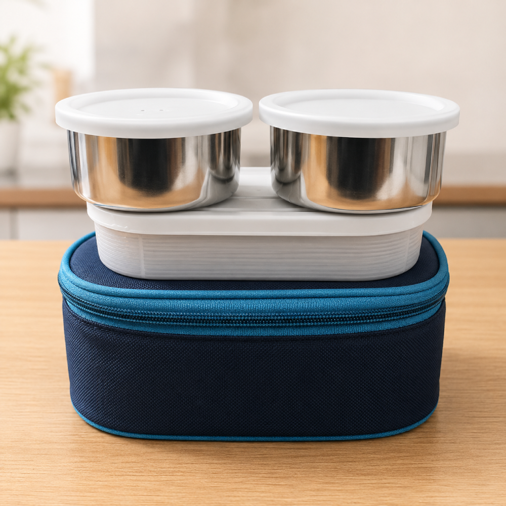 ROXX Freshmeal MAX Stainless Steel Lunch Box Set with Insulated Bag | 2 x 350ml Steel Containers + 1 x 500ml Leak-Proof Container | BPA-Free Tiffin Box for Office, School & Travel