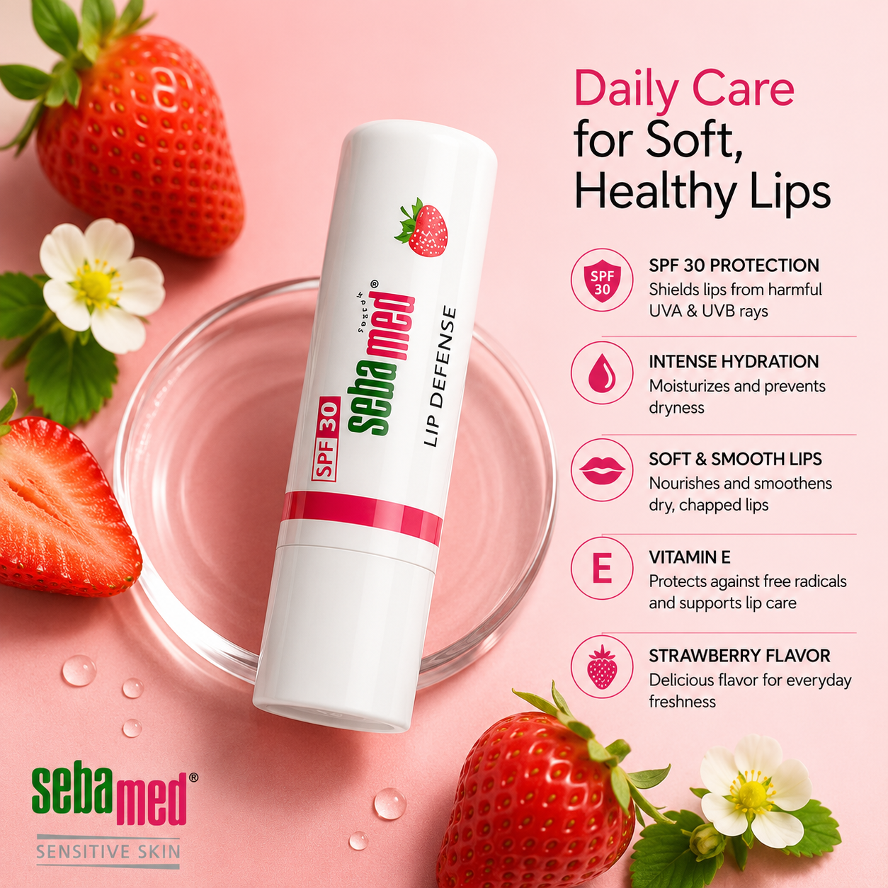 Sebamed Lip Defense Strawberry SPF 30 | Lip Balm for Dry & Chapped Lips | Vitamin E | 4.8g