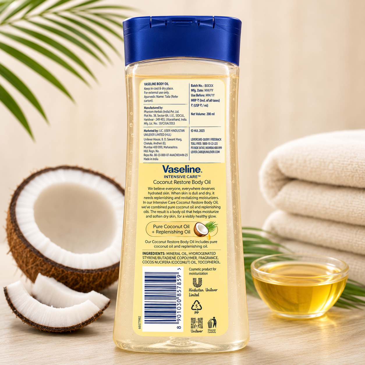 Vaseline Intensive Care Coconut Restore Body Oil | 100% Pure Coconut Oil | Moisturizing Body Gel Oil | 200ml