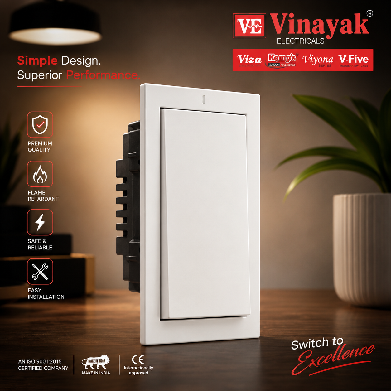 Vinayak 1 Module Modular Switch | V-Five Series | Premium White Electrical Switch