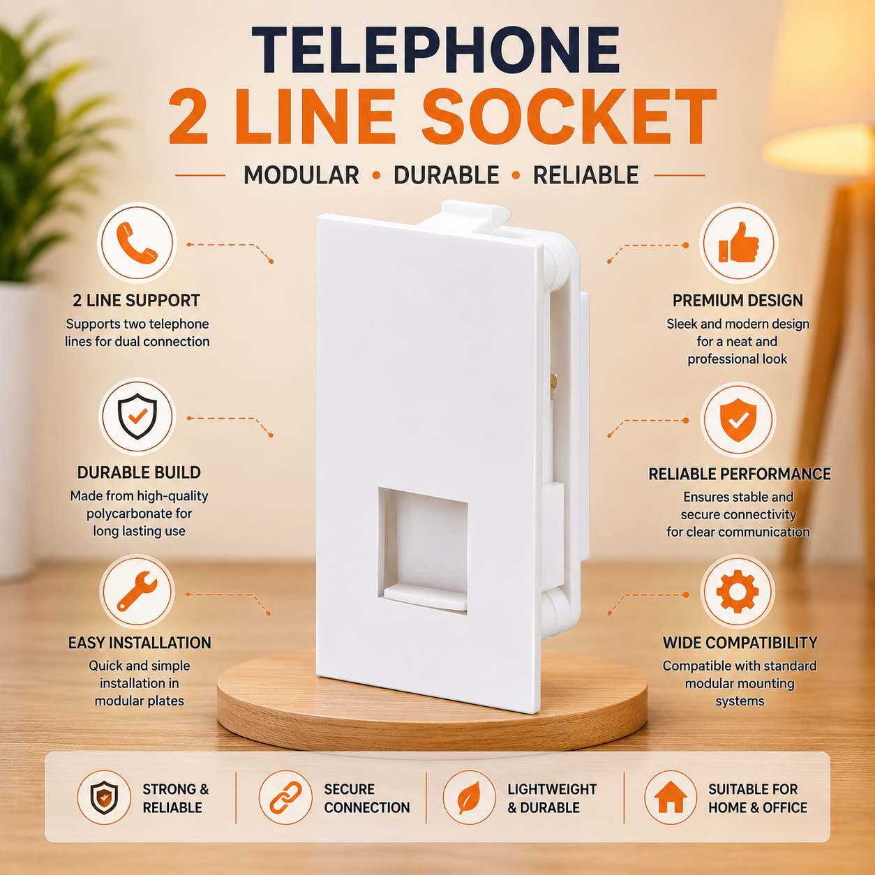 Vinayak Classic Telephone 2 Line Socket 1 Module | Modular Telephone Jack | Premium Wall Socket for Home & Office