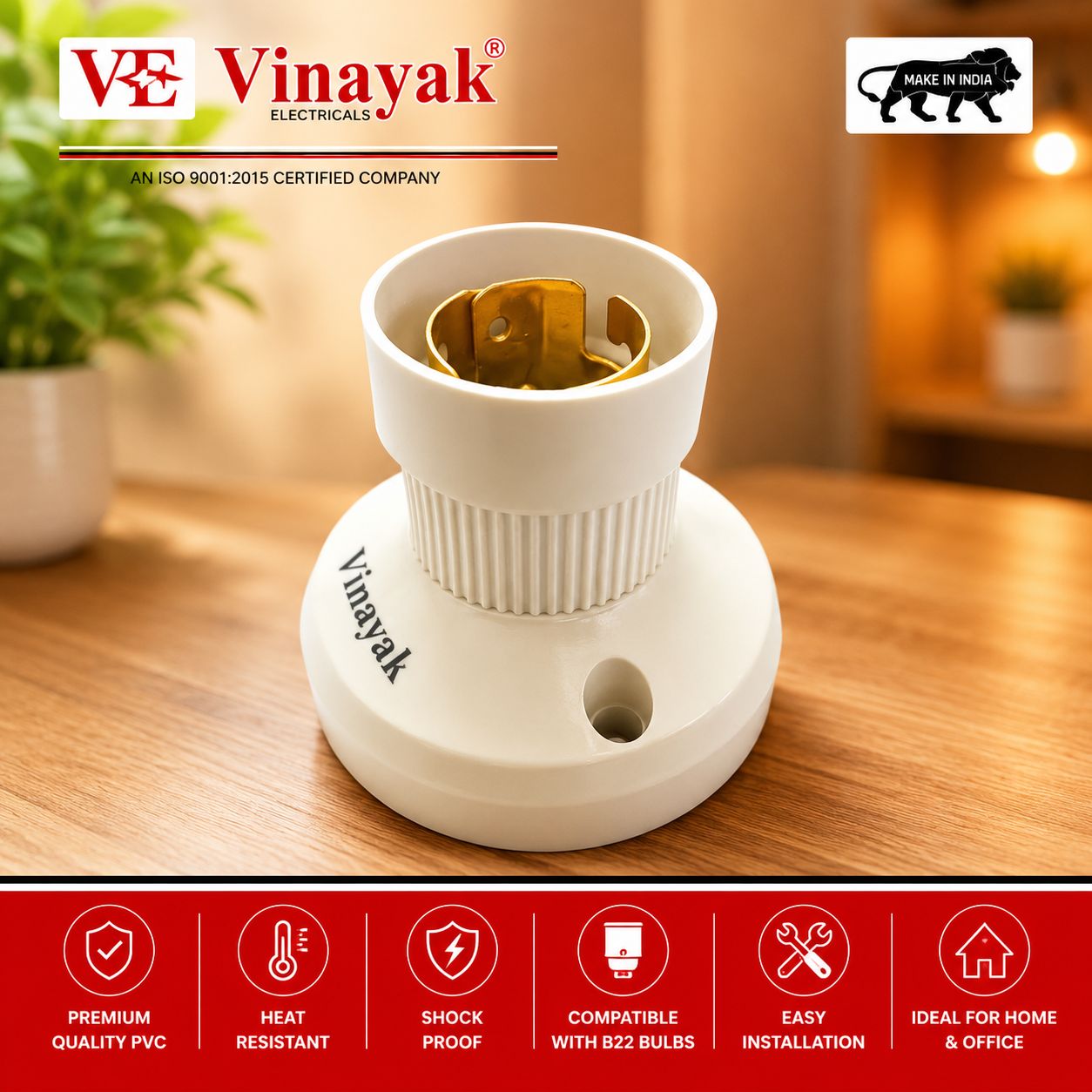 Vinayak PVC Straight Lamp Holder | B22 Bulb Holder | Surface Mount Ceiling & Wall Light Holder | Heavy Duty