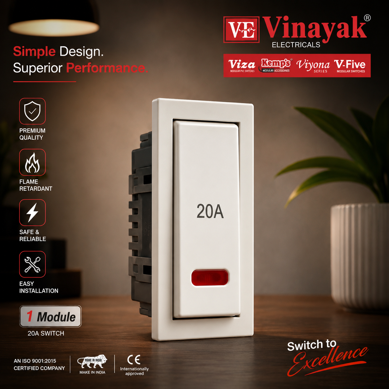 Vinayak V-Five Series 20A 1 Module Modular Switch with Indicator | Premium White Electrical Switch