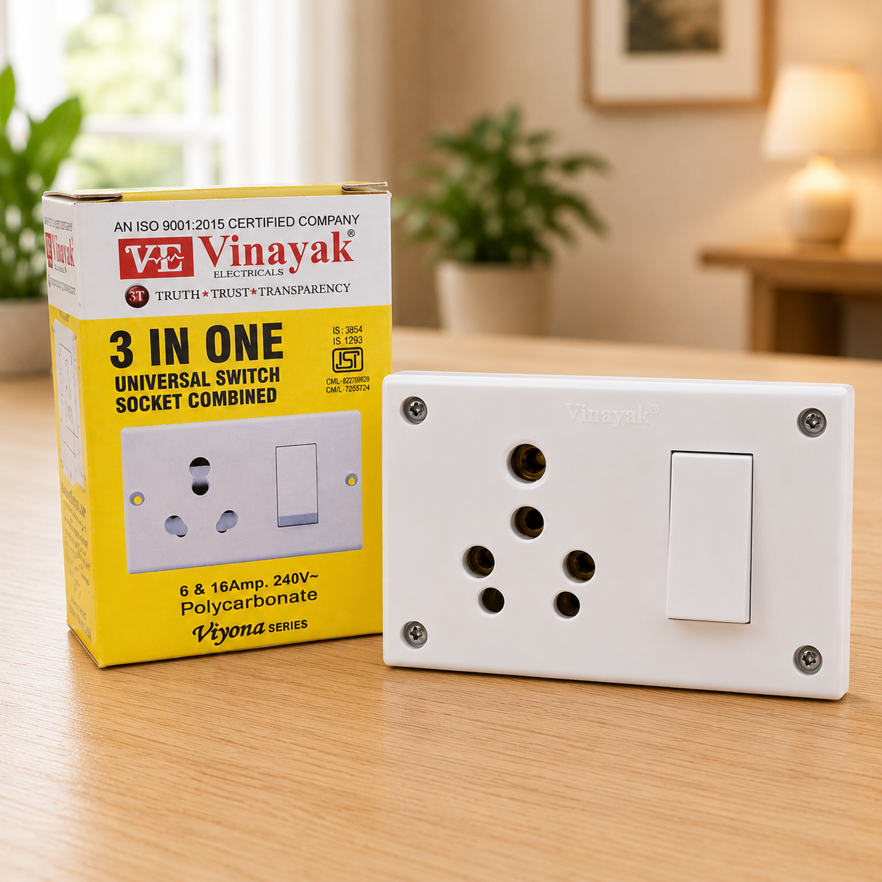 Vinayak 3 in 1 Universal Switch Socket Combined | 6A & 16A Polycarbonate Modular Switch Socket with Junction Box | 240V Wall Mount Electrical Socket with Switch