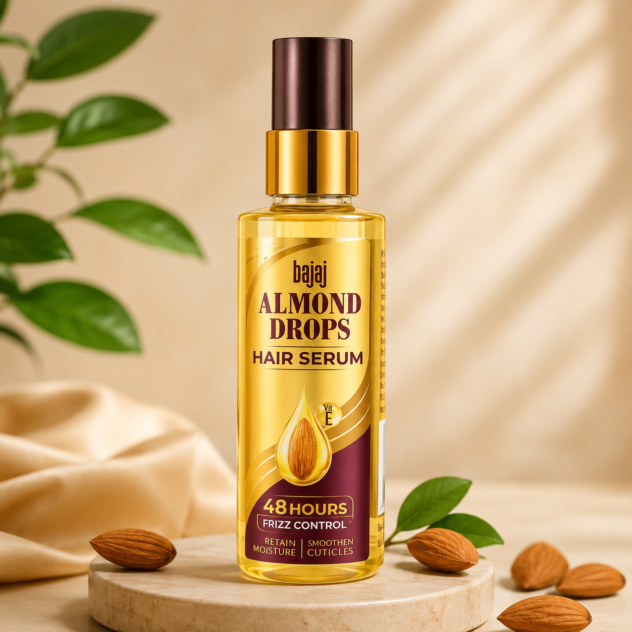 Bajaj Almond Drops Hair Serum | Vitamin E | 48 Hours Frizz Control | Smooth & Shiny Hair