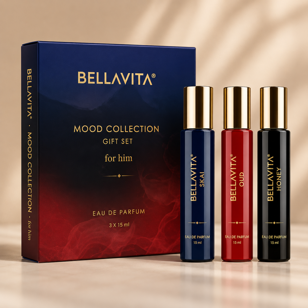 Bellavita Mood Collection Gift Set for Him 3 in 1 | Eau De Parfum | Skai, Oud & Honey | 3 x 15ml Premium Fragrance Set