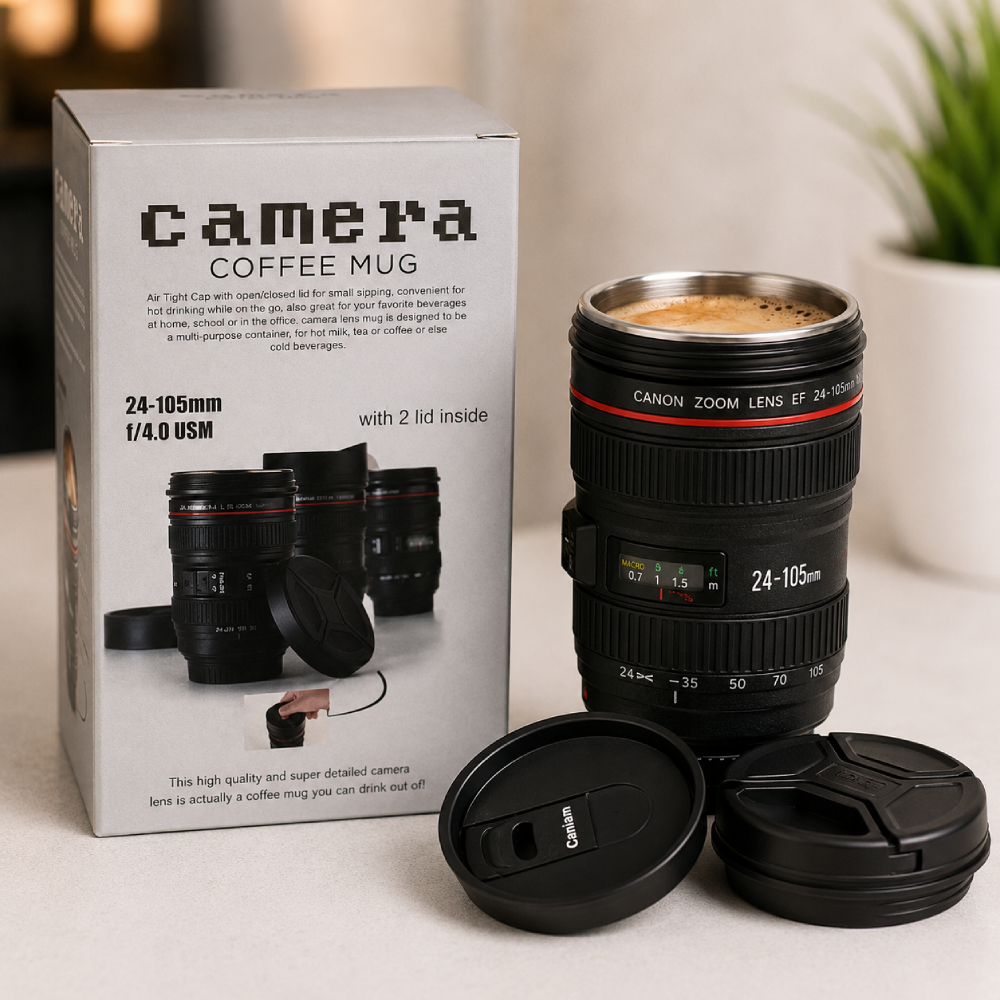 Camera Lens Coffee Mug with Lid | Stainless Steel Travel Coffee Cup | DSLR Lens Mug | 24-105mm Design
