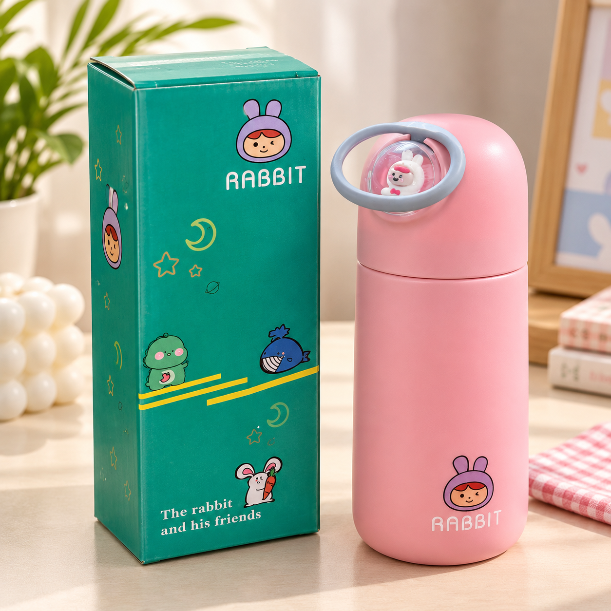 Cute Rabbit Water Bottle for Kids | Pink Reusable Water Bottle with Handle | Stylish & Portable Bottle
